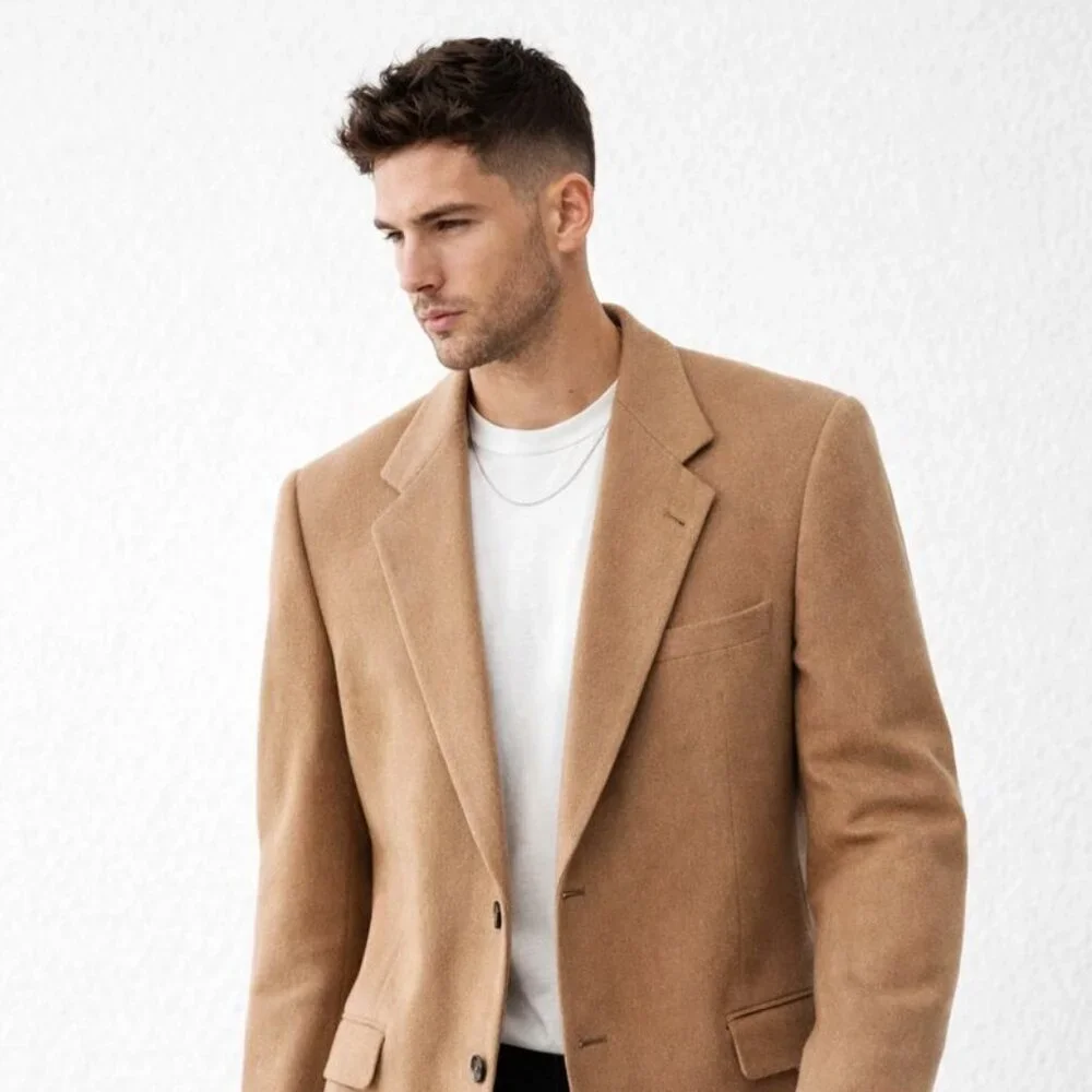 Brown Camel Tan Wool Blazer Made in Canada Classic Tailored Mens Jacket - Picture 2 of 11